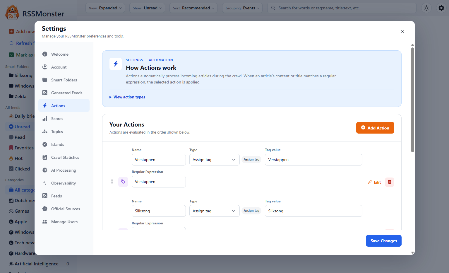 Actions settings showing rules that assign tags to incoming articles