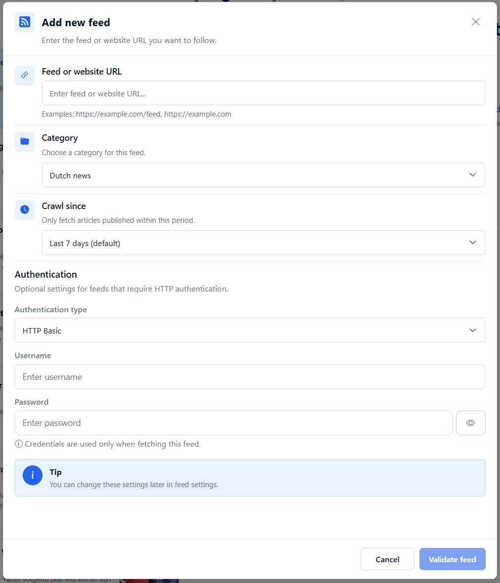 Add new feed dialog showing the URL, category, crawl period, and HTTP Basic authentication fields