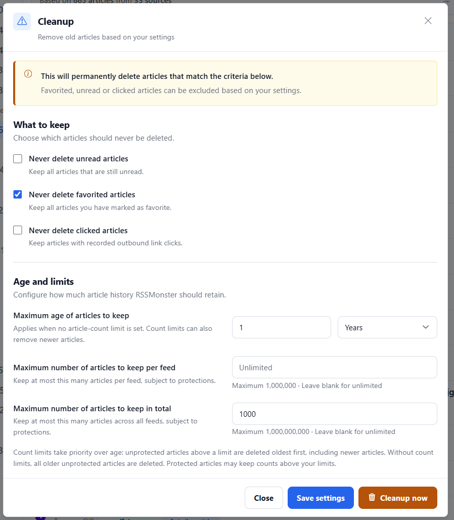 Cleanup dialog showing article protections, age and count limits, and the Close, Save settings, and Cleanup now buttons