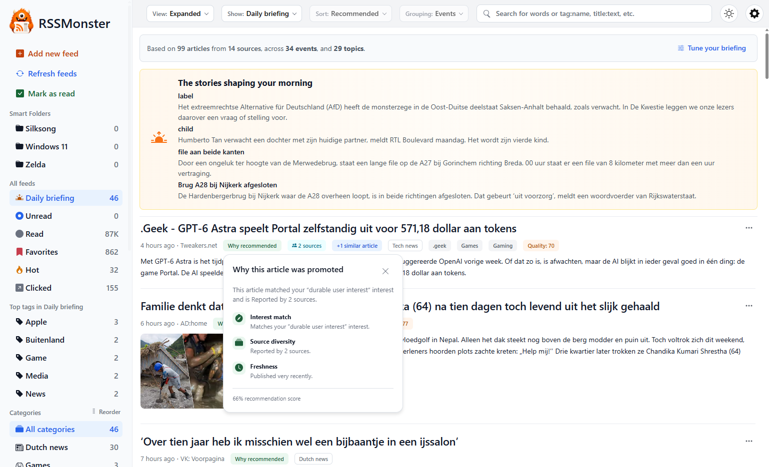 Daily Briefing overview with story highlights and the article collection below