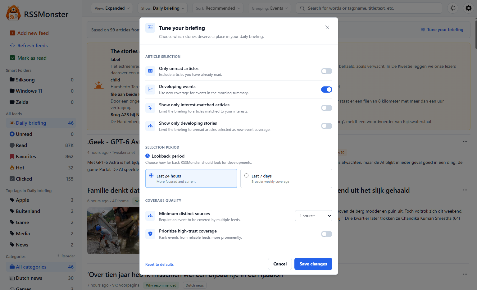 Tune your briefing settings with article selection, lookback period, and coverage quality controls