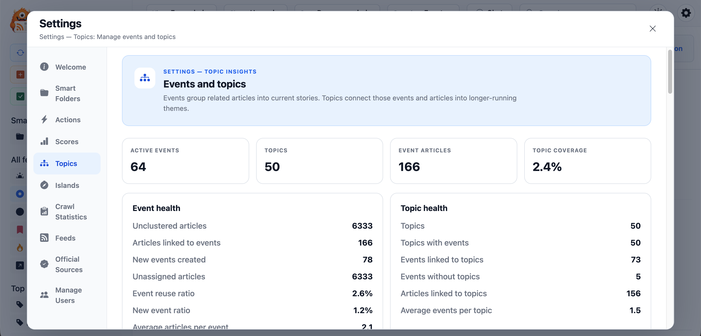 The Events and Topics operational overview in Settings