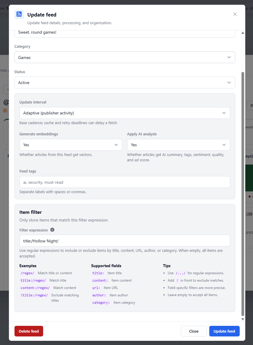 Update feed dialog showing an item filter expression and supported fields