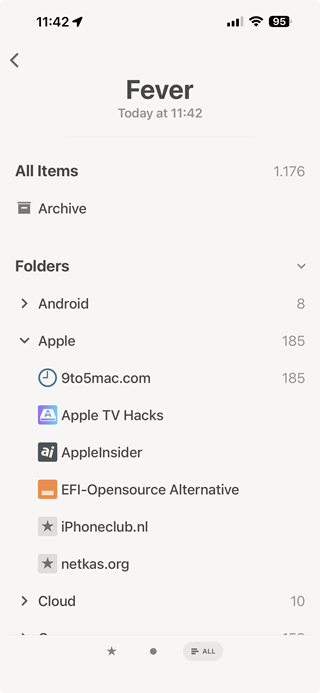 A Fever account configured in an RSS client