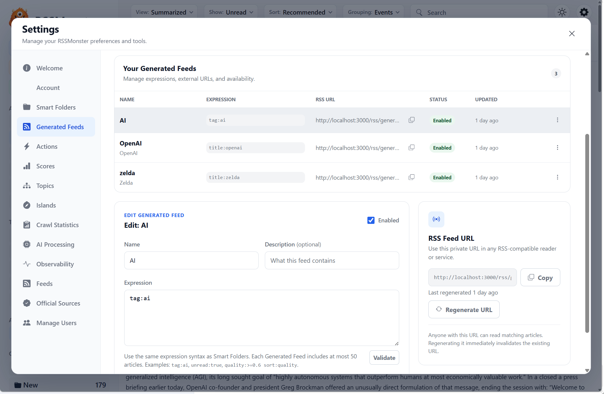 Generated Feeds settings showing the feed overview, expression editor, and private RSS URL