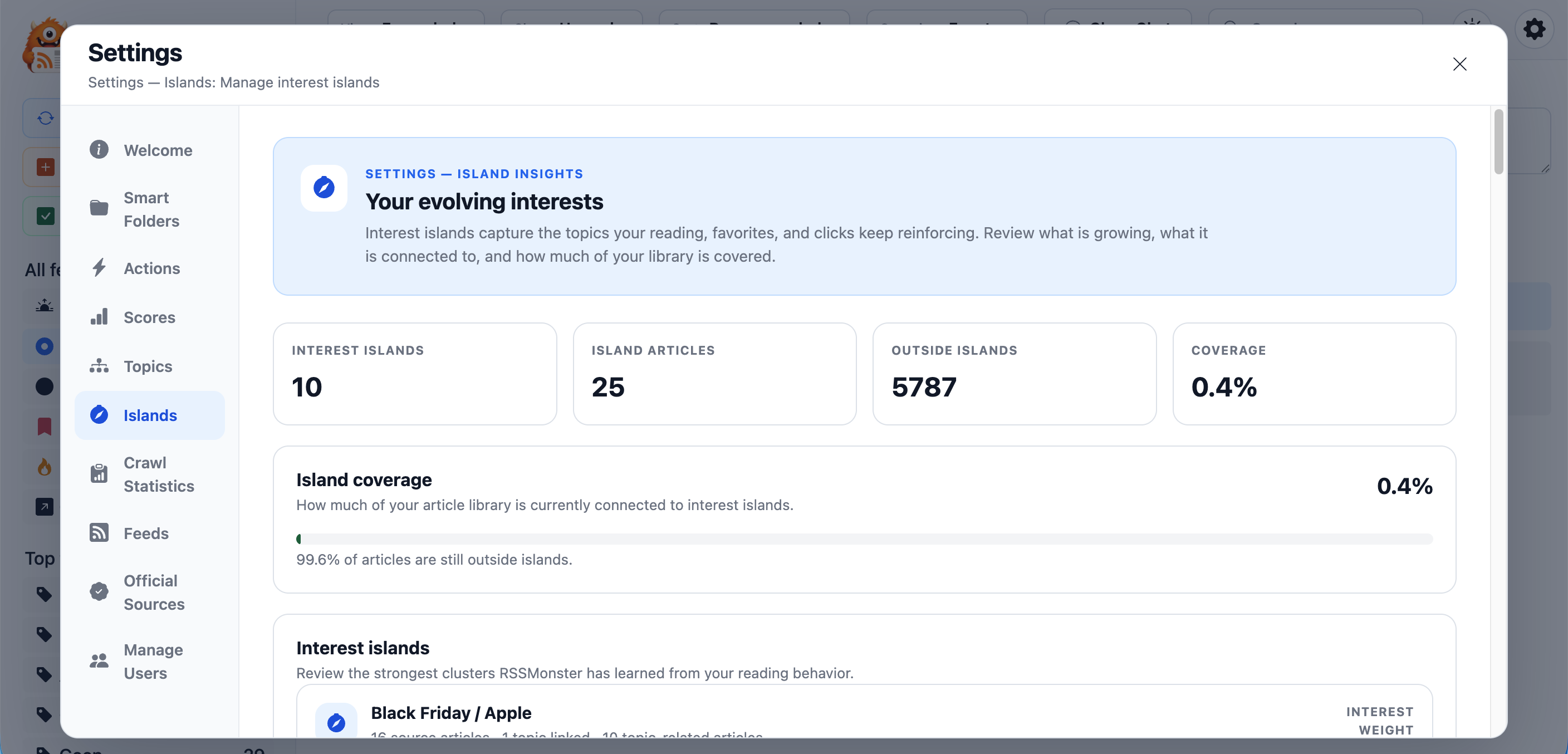 Interest Island insights in the Settings menu