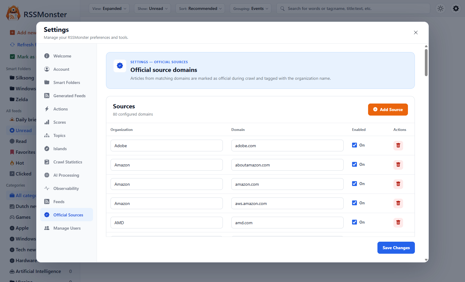Official Sources settings showing organizations, domains, and enabled switches
