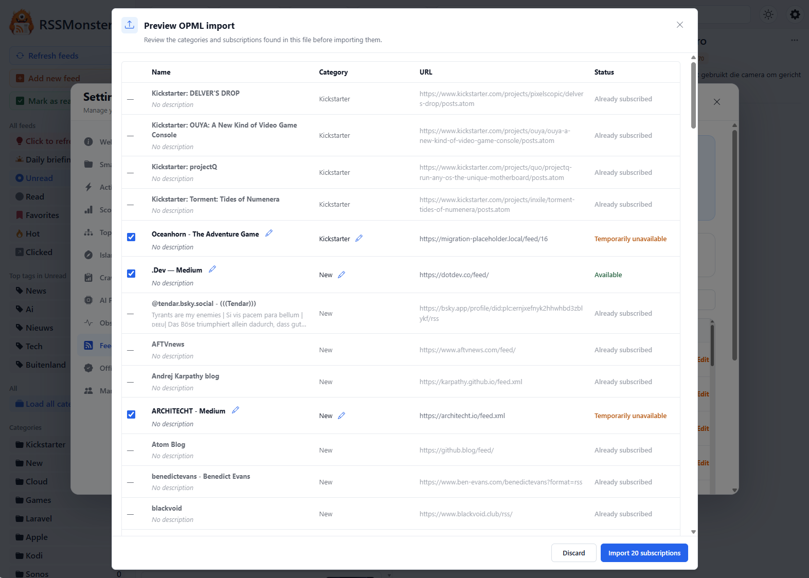 OPML import preview showing subscriptions, categories, URLs, and validation statuses