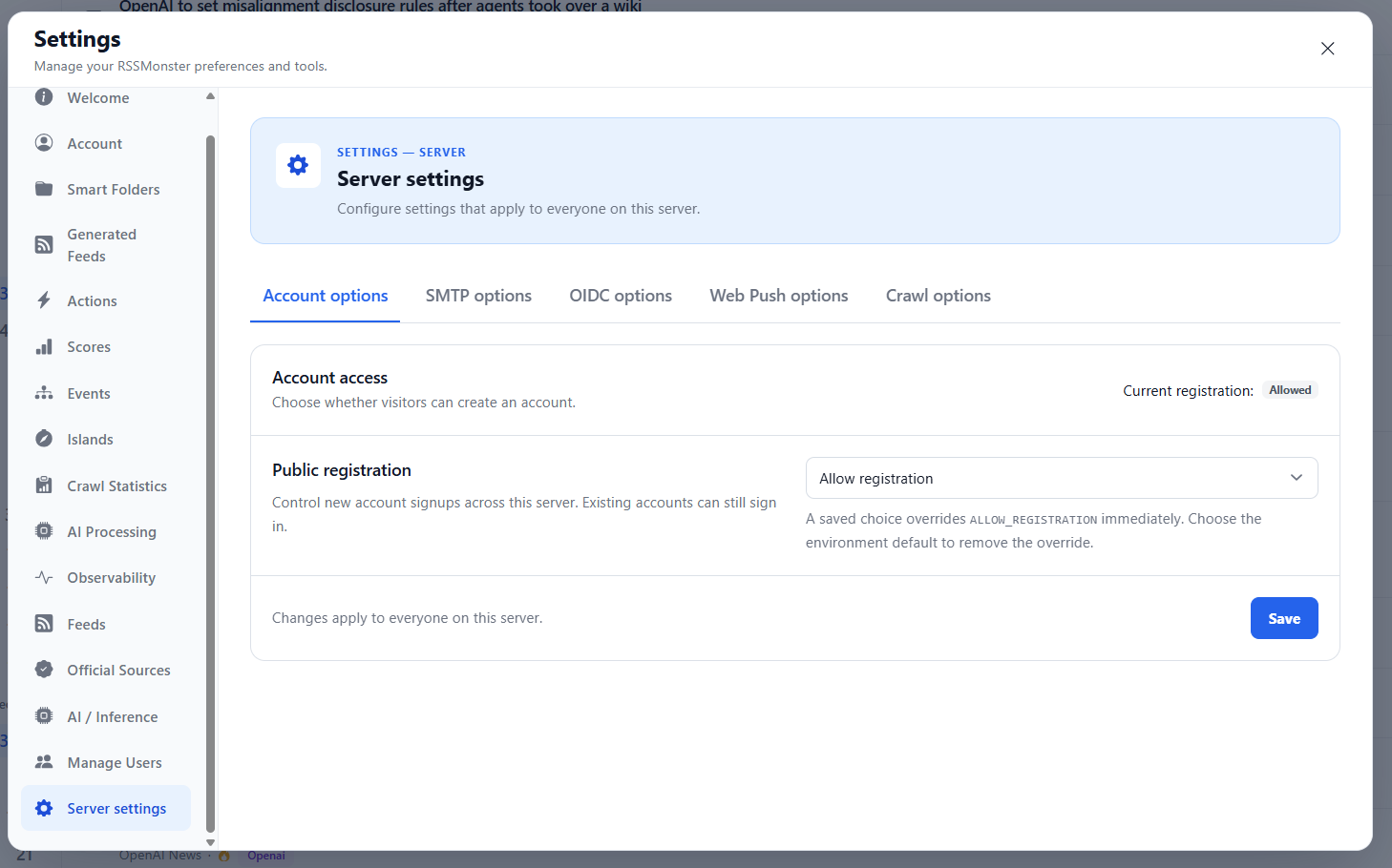 Server settings showing the Account options tab, public registration control, and the five configuration tabs
