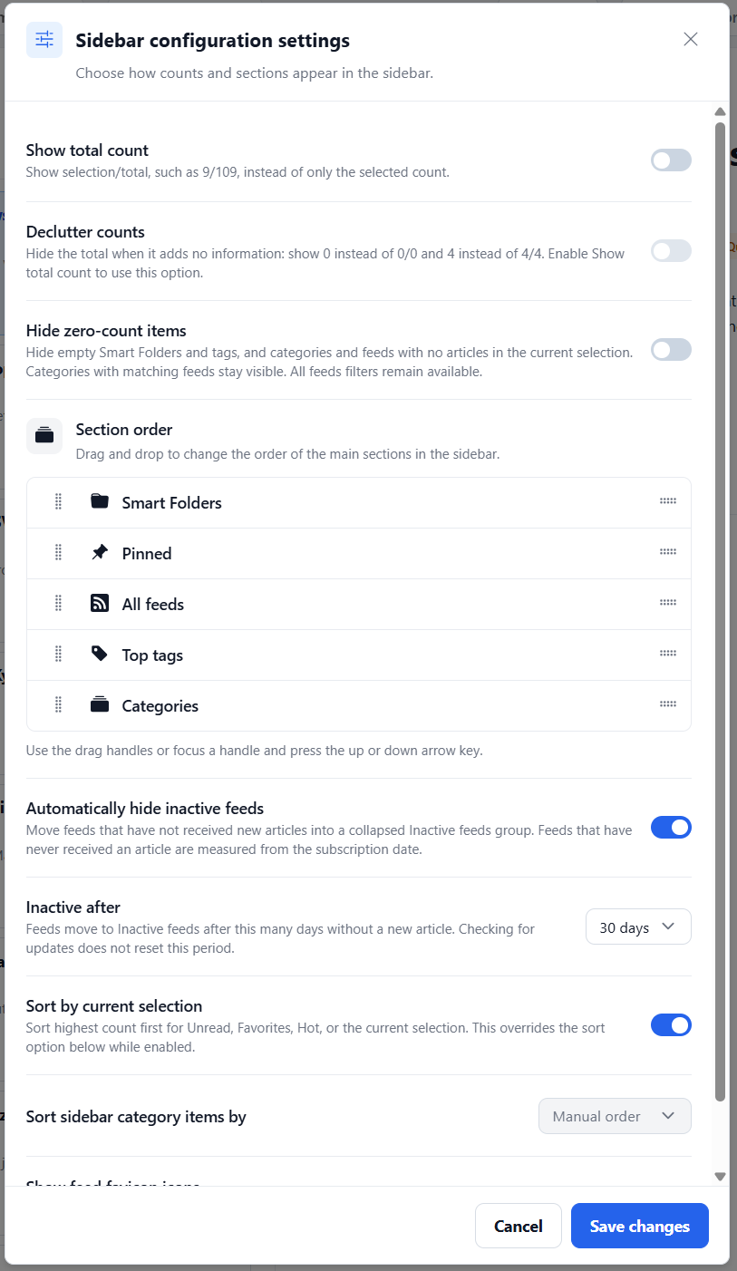 Sidebar configuration settings showing count options, draggable section order, inactive-feed grouping, and sorting controls