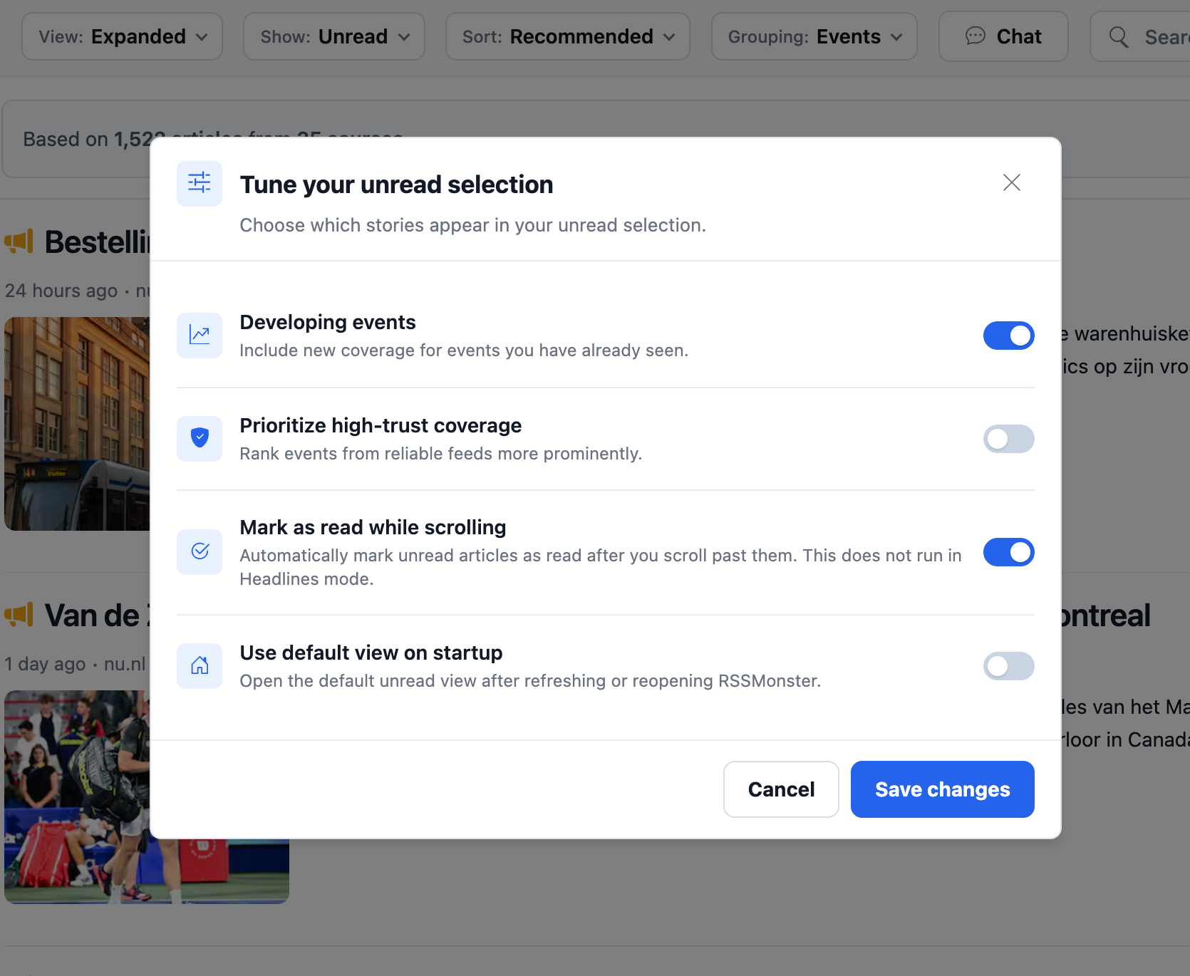 Tune your unread selection dialog showing Mark as read while scrolling