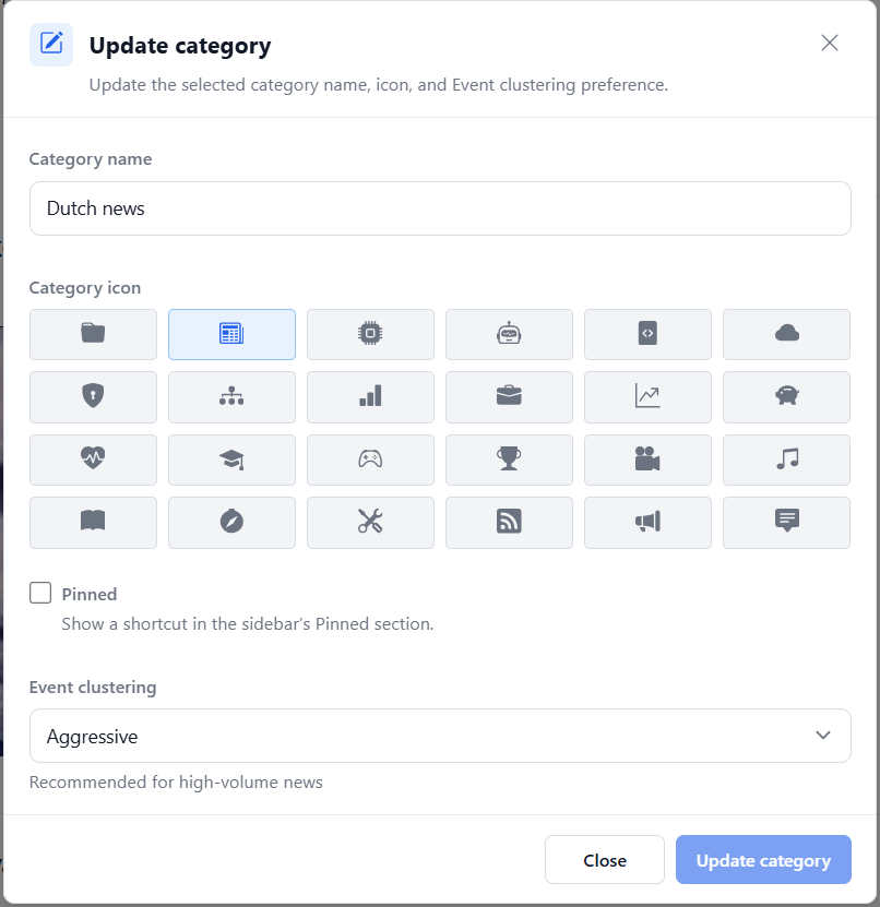 Update category dialog showing the category name, icon picker, Pinned checkbox, and Event clustering set to Aggressive