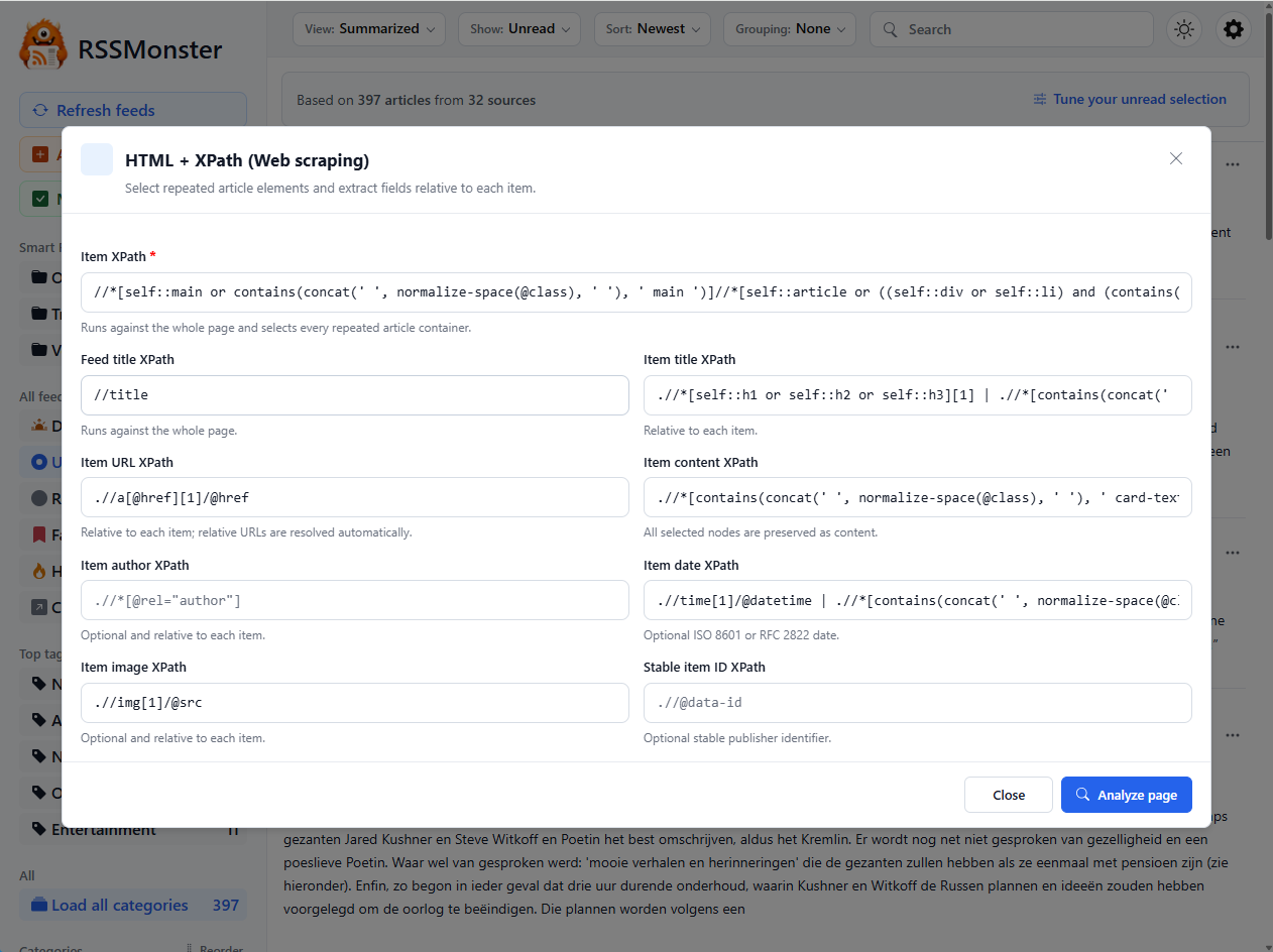 HTML and XPath editor showing expressions for article containers and extracted fields